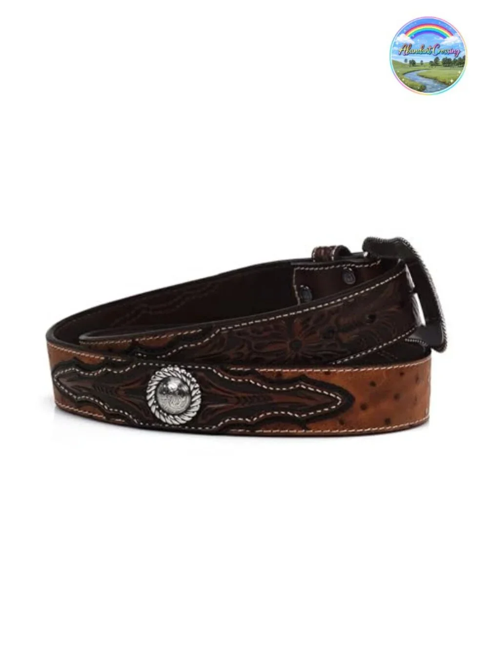 Faux Ostrich Leather Belt with Floral Emboss and Silver Conchos - Size 38